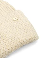Beige women's hat with pompom CZADT-0217-81(Z25),
close-up of the product detail on a white background.