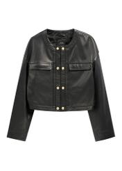 Women's short black leather jacket KURDS-0597-99(W26), front product view on white background.