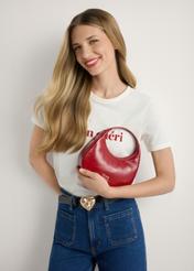 Red leather hobo bag TORES-1216-4B(W26), front view of the product on a model, half of the silhouette visible.