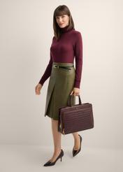 Burgundy croco leather laptop bag TORES-1321-4D(Z26), front view of the product in the model's hand, on a light background.