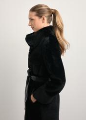 Women's black sheepskin coat with belt KOZDS-0035-5402(Z25) - front product view, on a white background. Half of the silhouette visible.