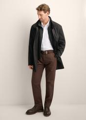 Men's long black jacket KURMT-0426-99(Z26), front product view on model. Full body visible.