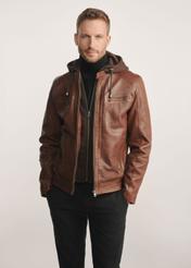 Brown men's leather jacket with hood KURMS-0385-2875(Z25), product view from the front on the model, half of the silhouette visible.