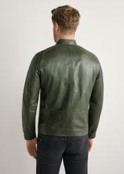 Men's khaki leather jacket KURMS-0338-8D(W26) - back view of the product, on a model, against a light background. Half of the silhouette visible.