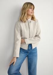 Women's Beige Leather Jacket KURDS-0603-0B(W26) - Front view of the product, on a model, against a light background. Knee-length silhouette visible.