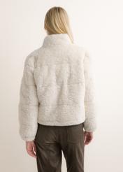 Cream-colored short women's fur coat FUTDP-0092-0B(Z26), rear view on a model. Half-body shot.
