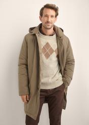 Men's long dark beige jacket KURMT-0441-1C(Z26), front view of the product on the model. Half of the silhouette visible.