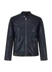 Men's navy blue leather jacket with stand-up collar KURMS-0298-1196(W24)-04