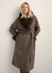 Long brown wool fur coat FUTDW-0043-1I(Z26), front view of the product on the model. Half of the silhouette visible.