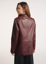 Burgundy women's leather jacket KURDS-0556-2869(Z25), product view from the back on the model, half of the silhouette visible.