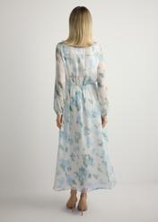 Women's cream floral dress SUKDT-0265-7P(W26), back view of the product on the model. Full body visible.