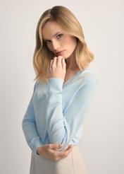 Light blue V-neck sweater SWEDT-0201-7A(W26) - side view of the product, on a model, against a light background. Half of the silhouette is visible.