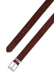Men's cognac-colored leather belt PASMS-0127-1F(Z26), top view on a white background.