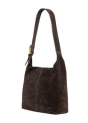 Brown suede women's handbag TORES-1421-1I(Z26), diagonal product view on white background.