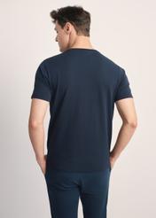 Navy blue cotton men's T-shirt TSHMT-0120-69(Z25), product view from the back on the model, half of the silhouette visible.