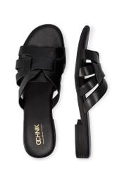 Women's leather flip-flops in black BUTYD-1266-99(W26), product view from above on a white background.