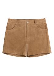 Beige women's leather shorts SPODS-0035-1B(W26) - front product view, on white background.