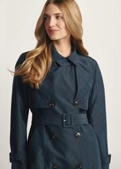 Navy blue women's coat with monogram KURDT-0651-7E(W26), front view of the product on the model. Half of the silhouette visible.