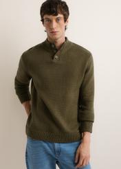 Green men's sweater with a stand-up collar SWEMT-0210-8B(Z26), front view of the product on the model. Half of the silhouette visible.