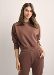 Women's brown hooded sweatshirt BLZDT-0118-1H(Z26), front view of the product on the model. Half of the silhouette visible.