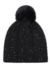 Black women's hat with pompom and sequins CZADT-0220-99(Z26), back view of the product on a white background.
