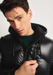 Black men's jacket with natural insulation KURMT-0393-99(Z25) - product view on model, on white background. Close-up of detail.