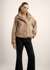 Beige women's transitional jacket KURDT-0644-1D(Z26), front view of the product on the model. Full body visible.