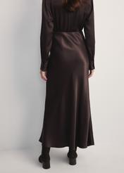 Chocolate long women's skirt SPCDT-0117-90(Z25), back view of the product on the model. Half of the silhouette visible.