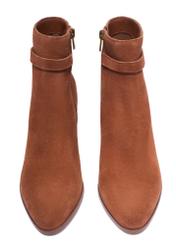 Cognac suede women's ankle boots with logo BUTYD-1214-1F(Z26), front product view on white background.