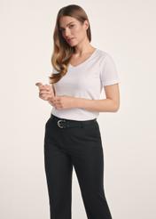 White women's V-neck T-shirt TSHDT-0118A-11(Z25), front view of the product on the model. Half of the silhouette visible.