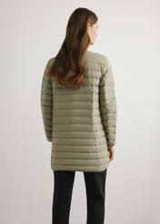 Women's olive green jacket with natural insulation KURDT-0636-8E(W26) - product view from the back, on a model, against a light background. Half-length silhouette visible.