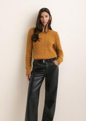 Mustard-colored women's cotton sweater SWEDT-0269-2D(Z26), front view on a model. Half-body shot.