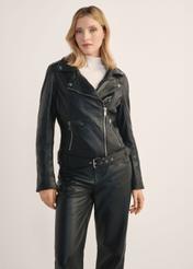 Women's black leather jacket KURDS-0184-99(KS), front view of the product on the model. Half of the silhouette visible.