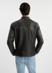 Dark brown men's leather jacket KURMS-0326-1364(W25) - back view on model on white background. Half of the silhouette visible.