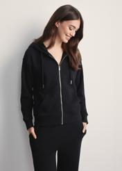 Women's black hooded sweatshirt BLZDT-0115-99(Z25), front view of model against a light background. Half of the silhouette visible.