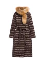 Dark brown long women's jacket with fur KURDT-0706-1I(Z26), front product view on white background.