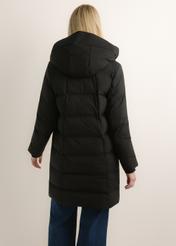 Black women's winter jacket with hood KURDT-0700-99(Z26), product view from the back on the model. Half of the silhouette visible.