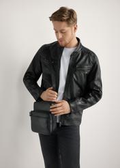 Men's black leather zipper bag TORMS-0016R-9I(W26), front view of the product on the model, half of the silhouette visible.
