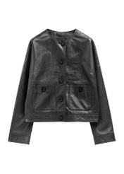 Women's short black leather jacket KURDS-0629-99(Z26), front product view on white background.