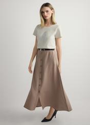Beige viscose midi skirt SPCDT-0121-1D(W26), front view of the product on the model. Full silhouette visible.