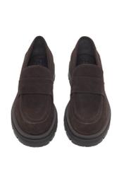 Dark brown suede women's moccasins BUTYD-1187-1I(Z26), front product view on white background.