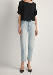 Light blue women's jeans JEADT-0011-7A(W26), front view of the product on the model. Half of the silhouette visible.