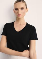 Black women's V-neck T-shirt TSHDT-0118A-99(Z25), front view of the product on the model. Half of the silhouette visible.