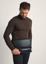 Men's black leather briefcase TORMS-0468-99(Z25), product view in model's hands against light background.