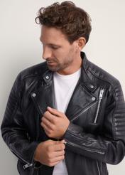 Men's leather biker jacket KURMS-0179L-5427(KS), close-up of the product on the model. Part of the silhouette visible.