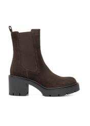 Dark brown suede women's high-heeled ankle boots BUTYD-1094-1I(Z26), product view from the side on a white background.