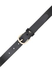 Black leather women's belt PASDS-0333-99(Z25), view of the buckle of the product on a white background.
