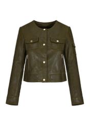 Women's short olive leather jacket KURDS-0454-1347(W24)-05