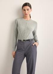 Women's wool cardigan in gray KARDT-0065-9B(Z26), front view of the product on the model. Half of the silhouette visible.