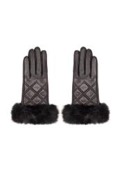 Women's leather gloves with rabbit fur REKDS-0071A-1I(Z26), front view on a white background.